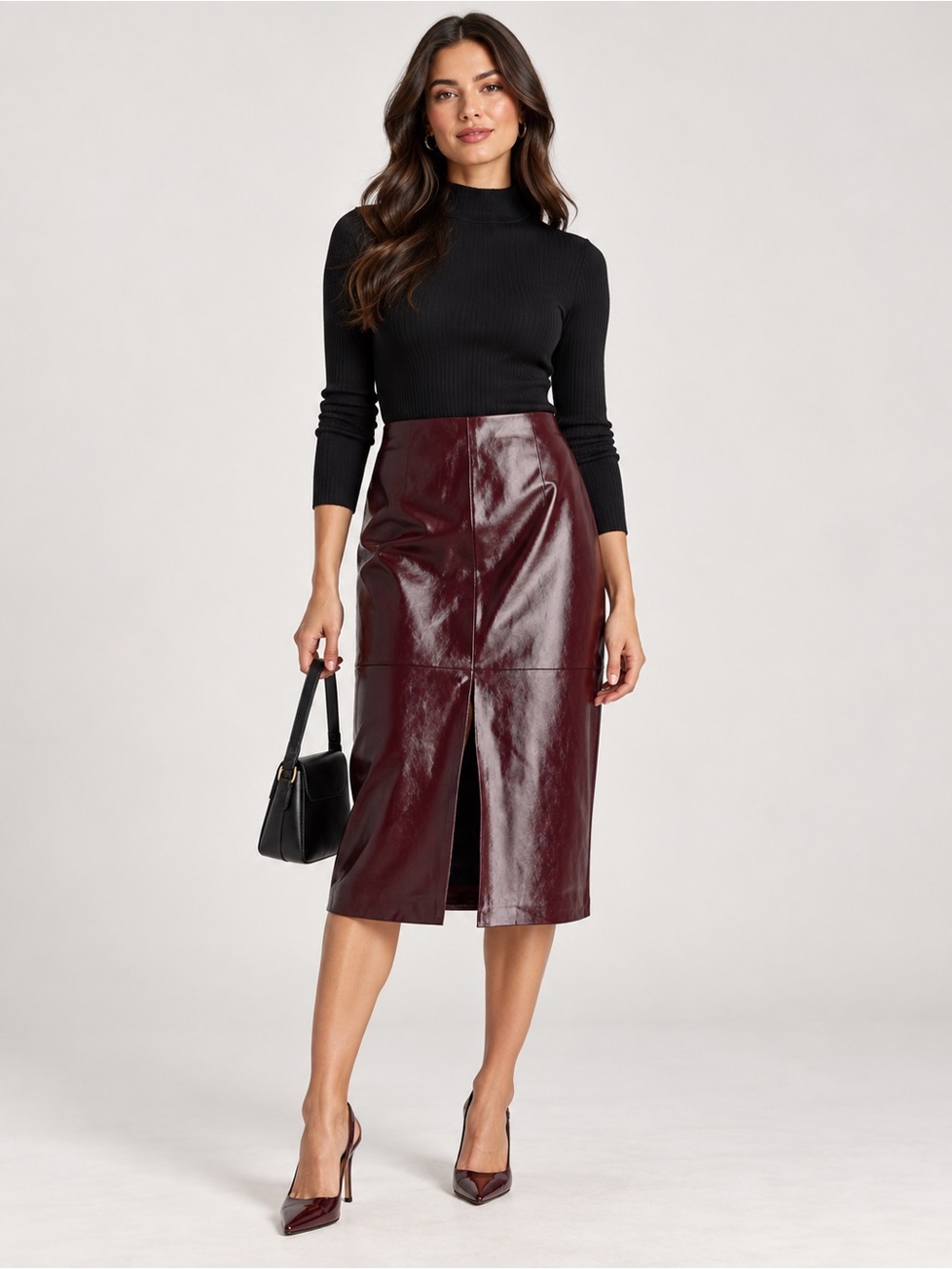 H&M Burgundy Coated High-Waist Pencil Midi Skirt – Size 12